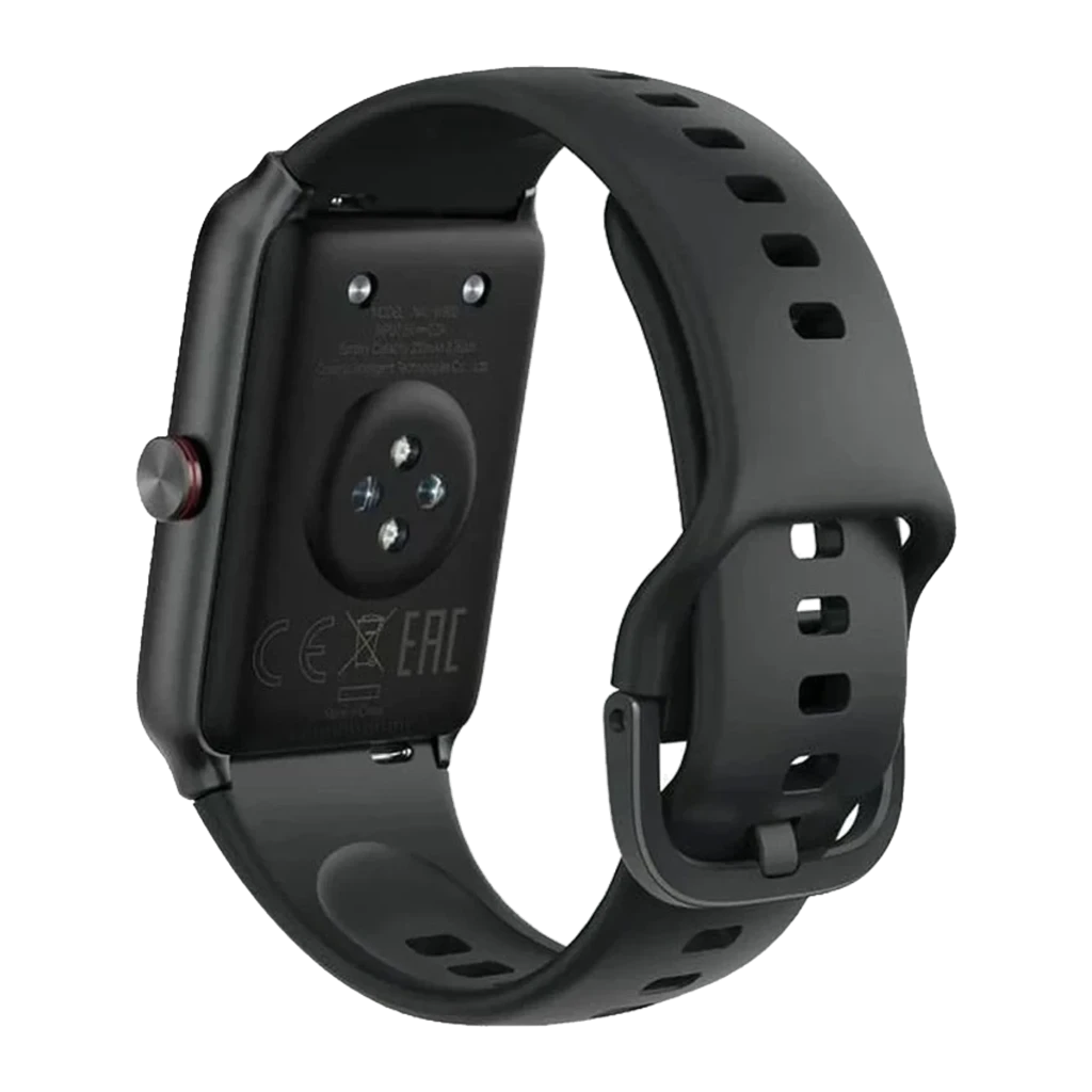 Honor Choice Moecen Band Honor Negro con correa de silicona perforada y hebilla clásica; caja rectangular, sensor óptico trasero y botón lateral rojo
