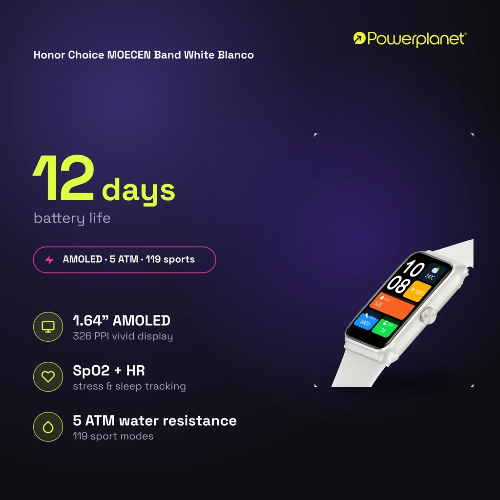 Honor Choice Moecen Band blanco con pantalla AMOLED 1,64 pulgadas, correa clara y cuerpo rectangular; iconos coloridos, destaca 5 ATM y 119 modos deportivos