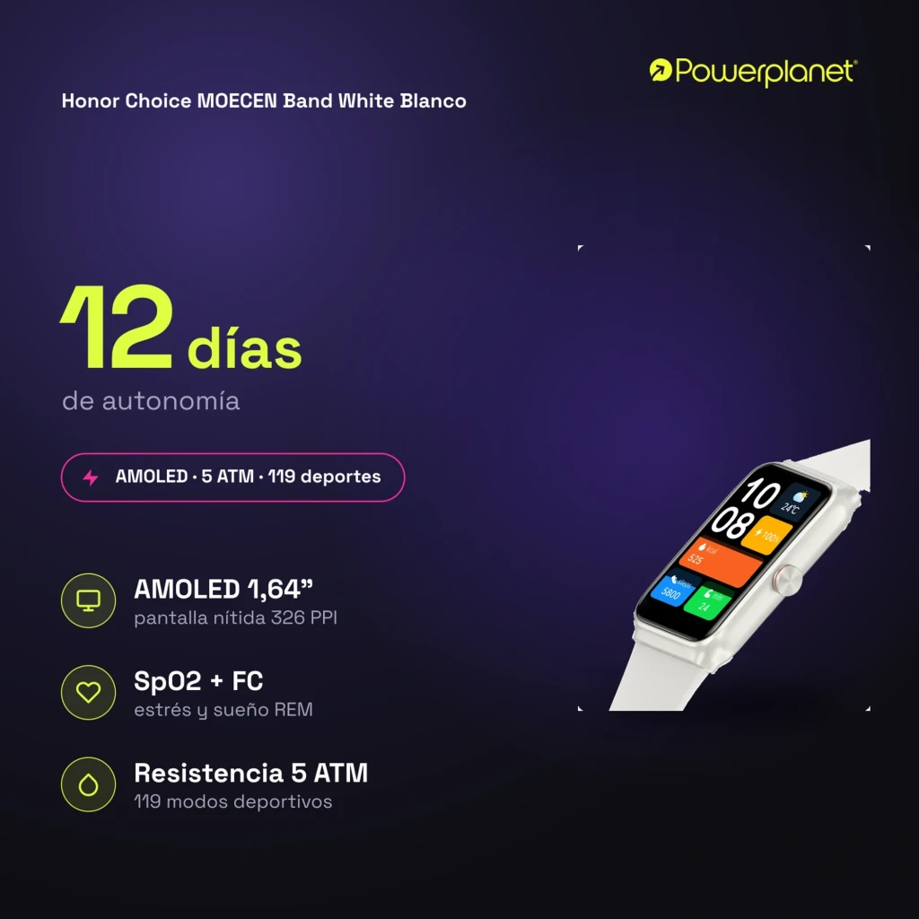 Honor Choice Moecen Band blanca con pantalla AMOLED 1,64 pulgadas, bordes curvos, correa clara y cuerpo plateado, interfaz colorida con iconos fitness