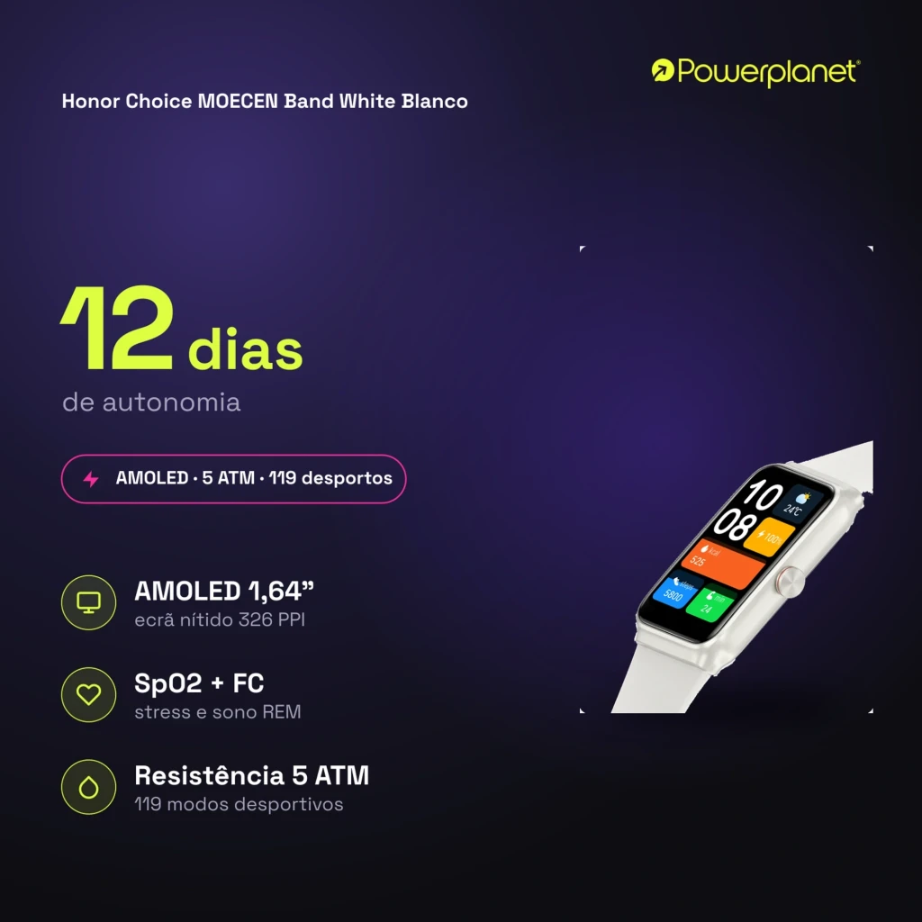 Honor Choice Moecen Band blanca con pantalla AMOLED 1,64, correa clara, bordes metálicos, monitor SpO2 y frecuencia, 12 días de autonomía, 5 ATM, 119