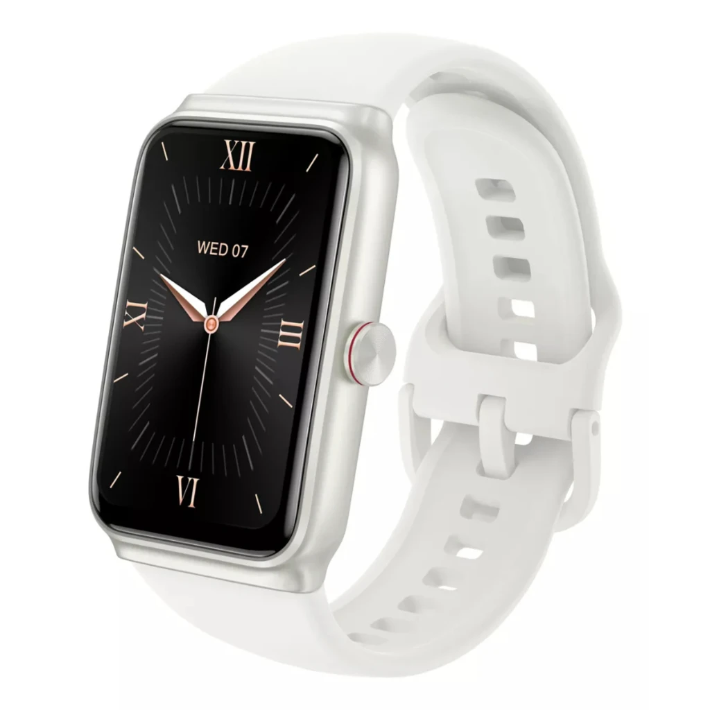 Smartband Honor Choice Moecen Band blanca con pantalla AMOLED 1,64 pulgadas, caja plateada rectangular, correa de silicona blanca y corona lateral circular