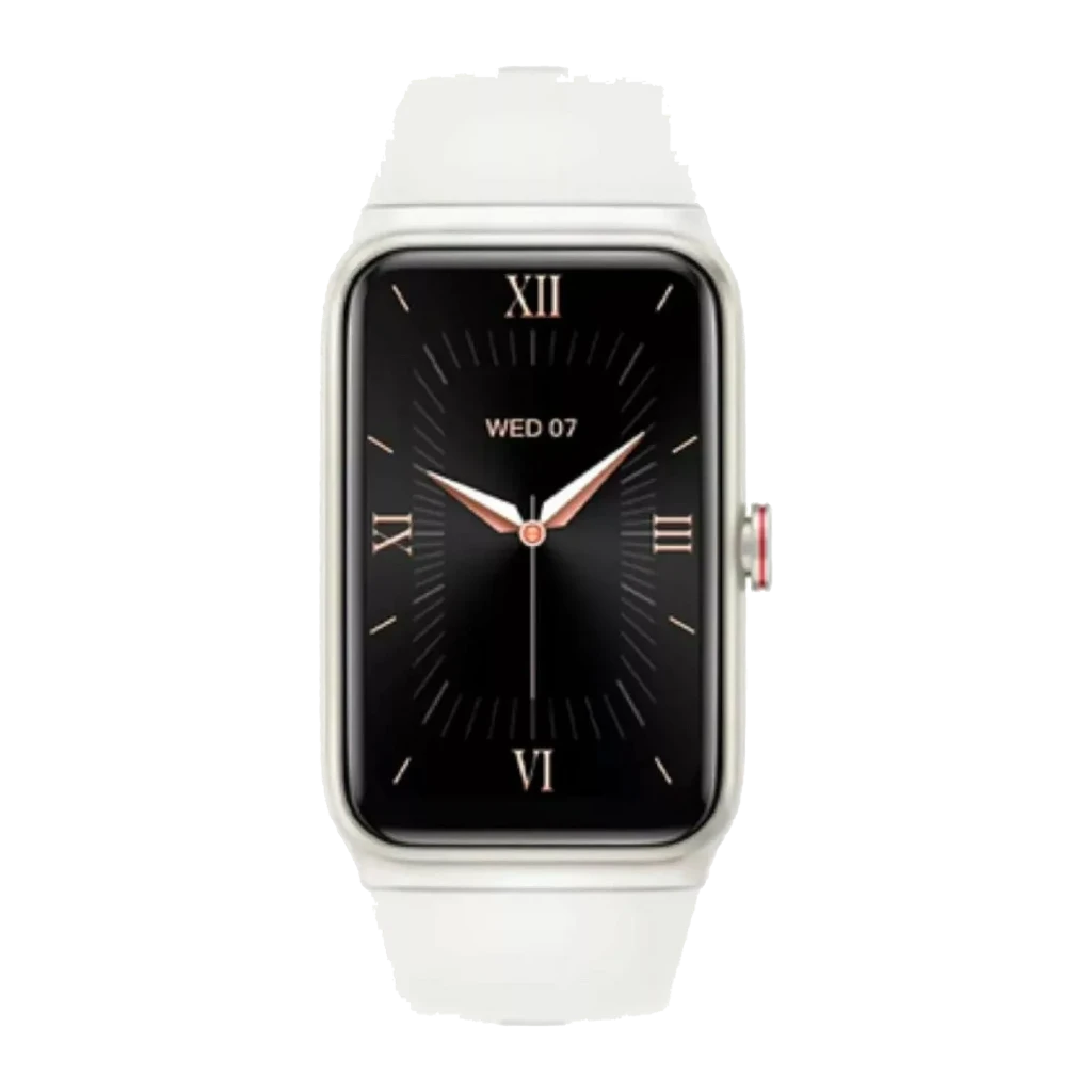 Honor Choice Moecen Band Honor Blanco con pantalla AMOLED 1,64 pulgadas, bisel metálico, esfera clásica negra con números romanos y correa de silicona blanca