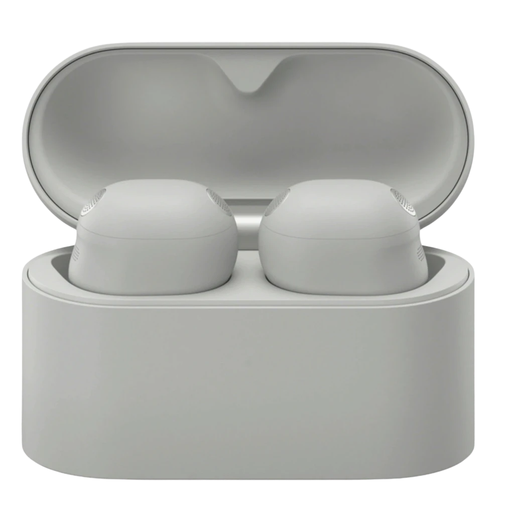 WF-1000XM6 da Sony prateado, estojo compacto com dois earbuds TWS intra-auriculares, acabamento fosco, grelhas metálicas e base de carregamento portátil