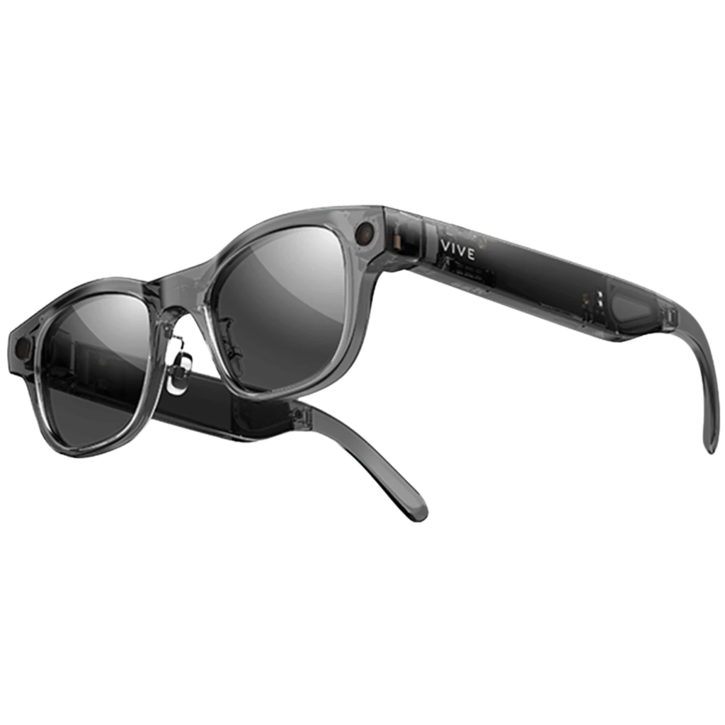 HTC Vive Eagle AI Glasses Gris con montura translúcida, cámara 12 MP integrada, lentes oscuros y patillas gruesas con audio espacial open ear