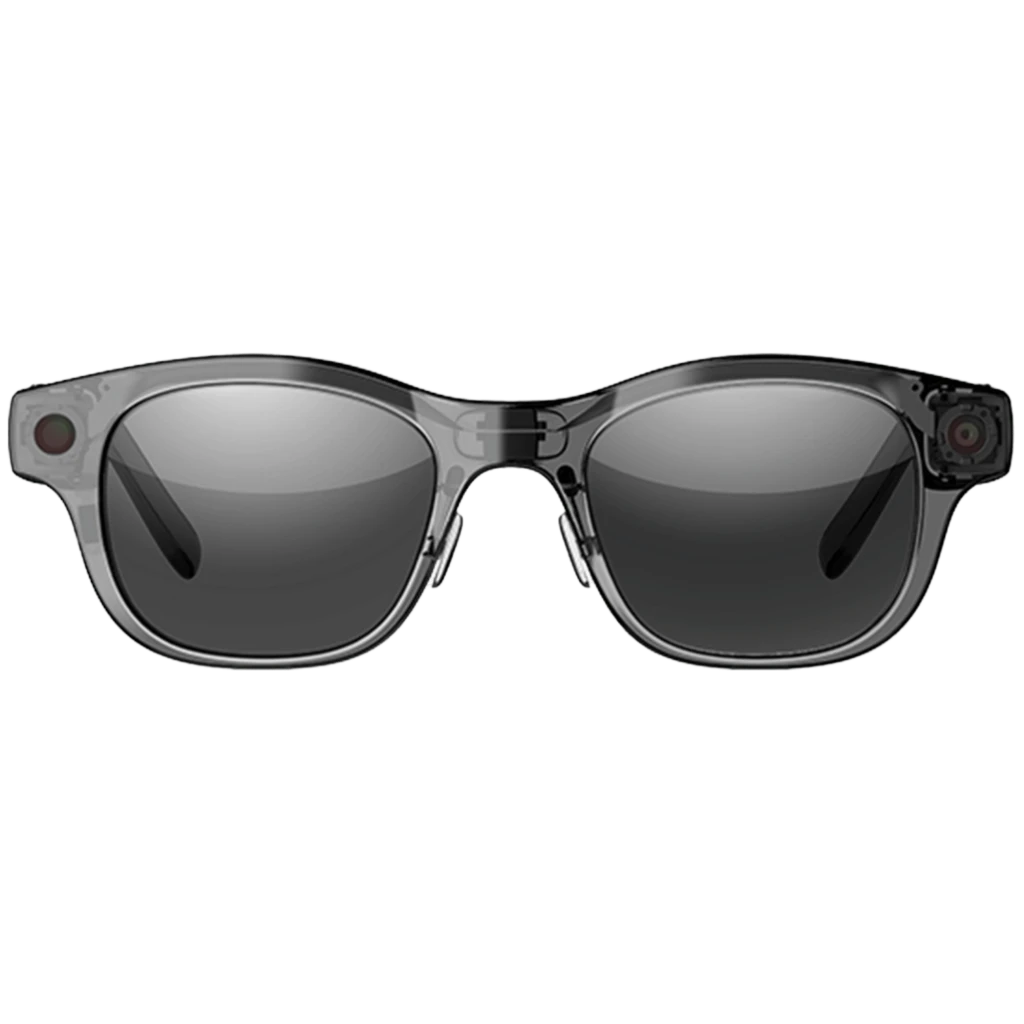 HTC Vive Eagle AI Glasses Gris con lentes ahumados, dos módulos de cámara 12MP en las esquinas y diseño open-ear para audio espacial en patillas