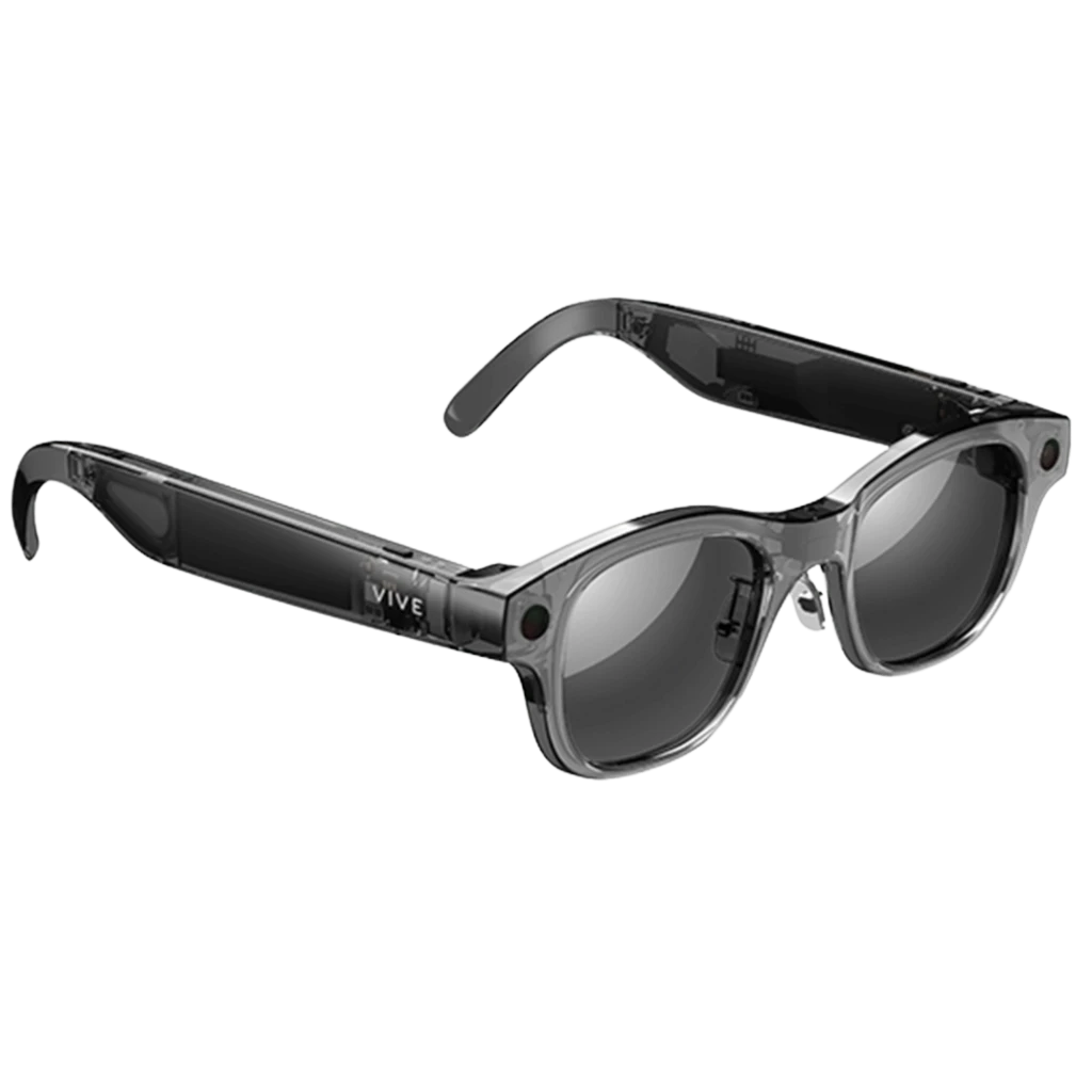 HTC Vive Eagle AI Glasses Gris con lentes oscuros, montura translúcida, cámara 12MP en frontal y audio espacial open ear integrado en las patillas