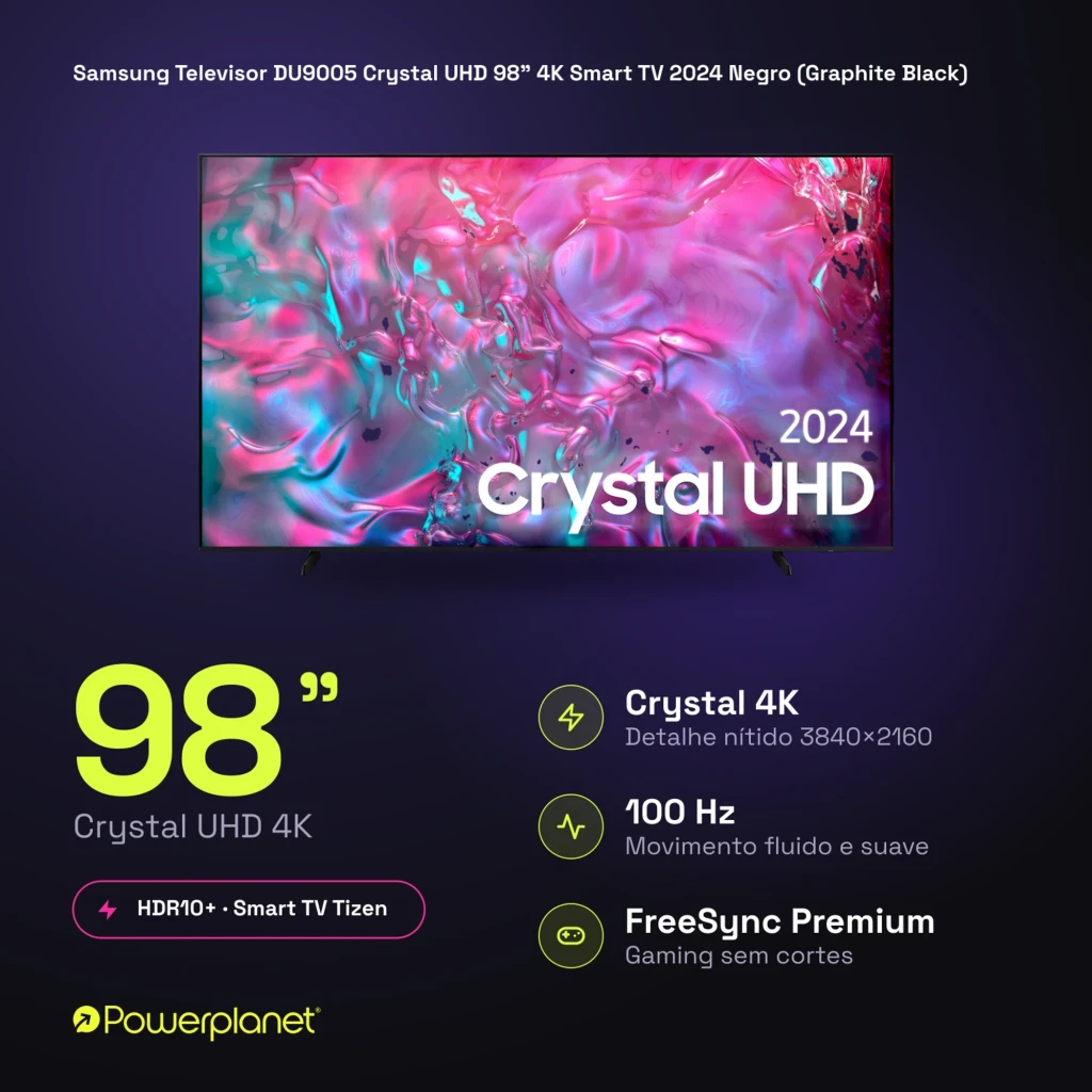 Samsung Crystal DU9005 98 pouces LED 4K UHD, cadre fin noir, affichage 3840x2160 lumineux, 100 Hz fluide, HDR10+, FreeSync Premium pour jeux sans saccades