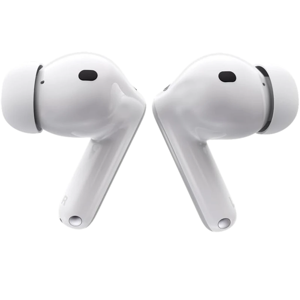 Auriculares in-ear blancos brillantes con vástago corto, almohadillas de silicona y micrófonos negros para ANC; diseño simétrico y acabado pulido Motorola