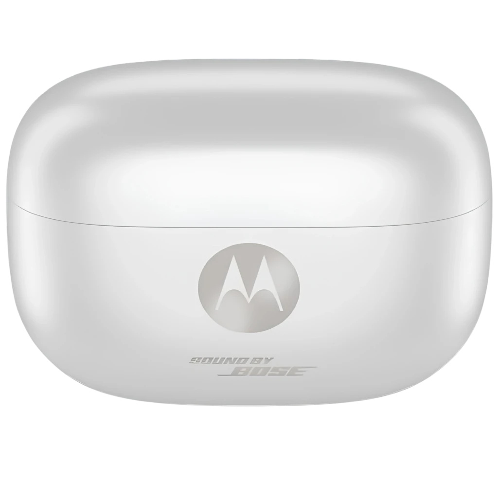 Estuche blanco brillante compacto con logo Motorola y sello Sound by Bose, acabado liso y líneas redondeadas para los Moto Buds 2 Plus ANC 46 dB, 38 h