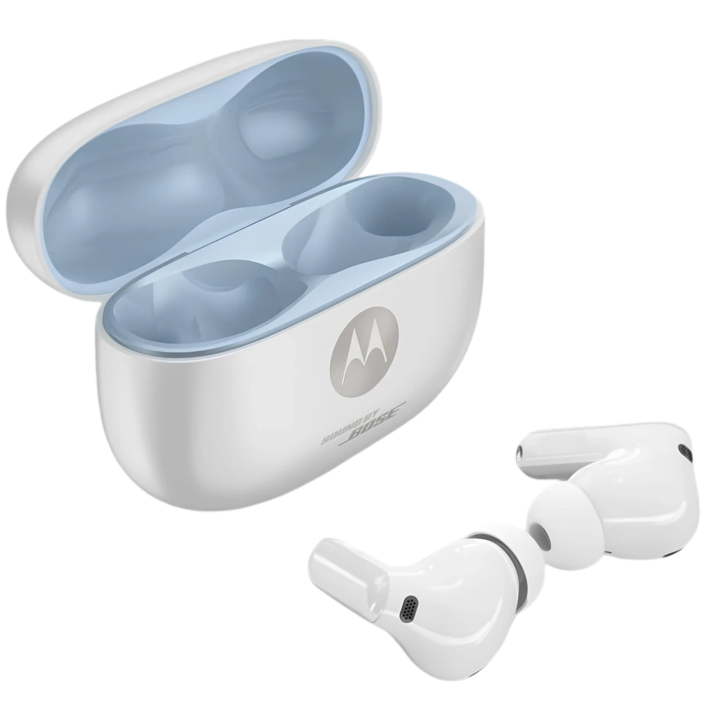 Estuche blanco brillante con interior azul claro y logo Motorola, acompañado de audífonos in-ear blancos con puntas de silicona y micrófonos negros visibles