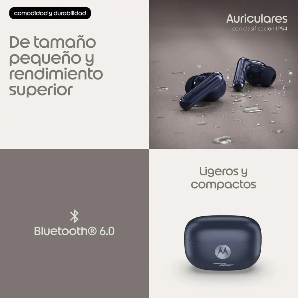 Motorola Moto Buds 2 Plus: auriculares inalámbricos compactos con estuche azul, diseño in-ear con vástago, IP54, Bluetooth 6.0 y cancelación ANC 46 dB