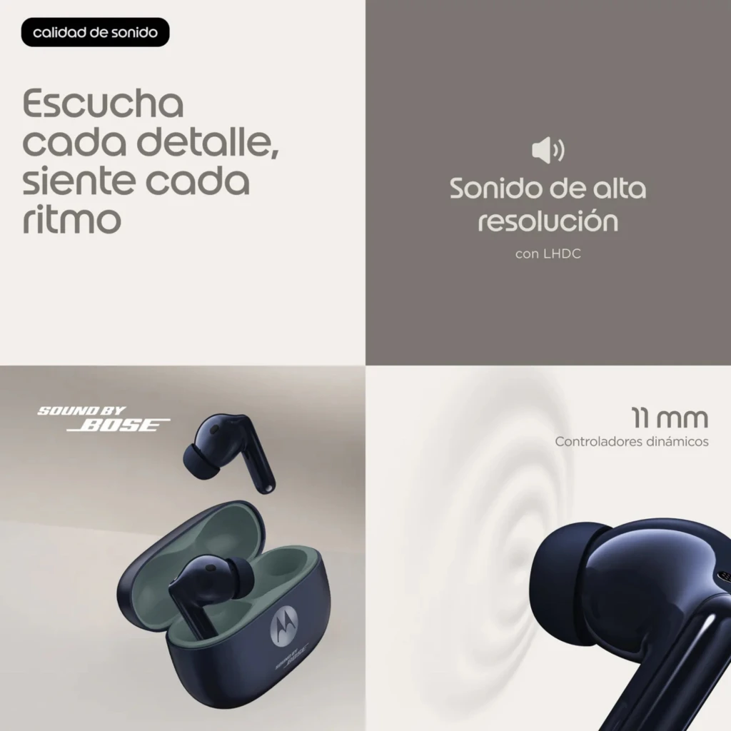 Motorola Moto Buds 2 Plus inalámbricos con estuche verde oscuro, diseño in-ear negro, ANC 46 dB, drivers dinámicos 11 mm y sonido de alta resolución LHDC