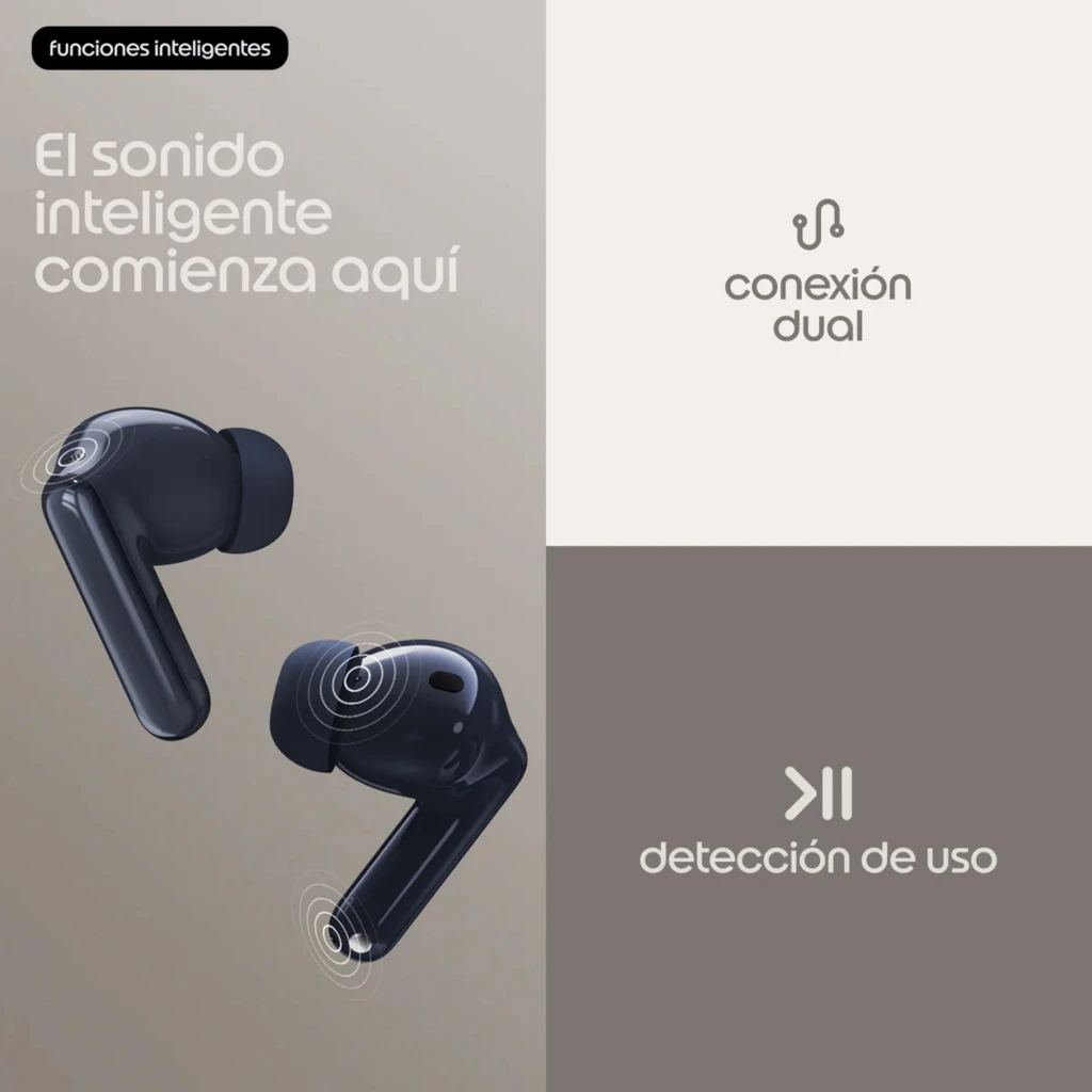 Motorola Moto Buds 2 Plus auriculares negros tipo barra con micrófonos visibles, conexión dual y detección de uso, diseño compacto y moderno
