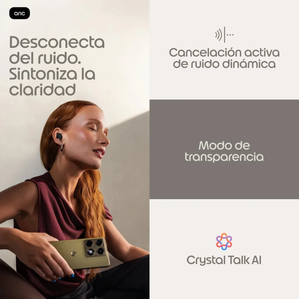 Motorola Moto Buds 2 Plus Inalámbricos Bluetooth con ANC 46 dB, modo transparencia y Crystal Talk AI; diseño negro compacto tipo Silhouette