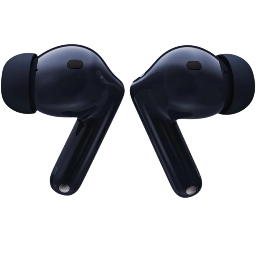 Auriculares Motorola Moto Buds 2 Plus en color oscuro, diseño in-ear con tallo, almohadillas de silicona y acabado brillante; indicadores y micrófonos