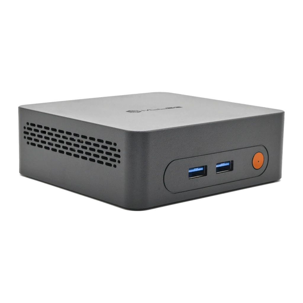 Mini-PC MLLSE M3 Pro compact noir, boîtier métal avec grilles latérales, deux ports USB 3.0 en façade et bouton orange, format discret pour bureau