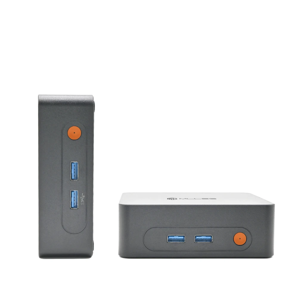 Mini PC MLLSE M3 Pro gris compacto con carcasa metálica, dos puertos USB 3.0 frontales, botón naranja y diseño minimalista; vista frontal y lateral