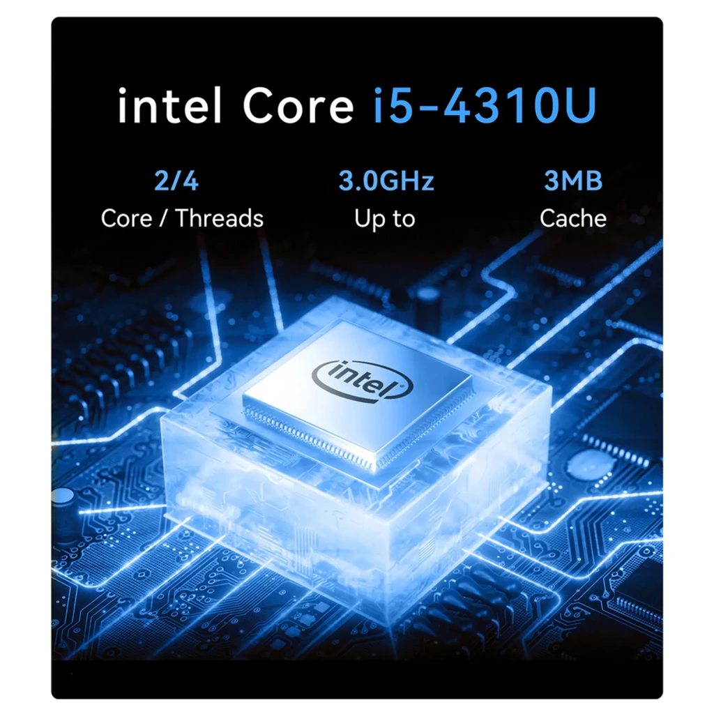 Chip Intel Core i5-4310U iluminado en azul sobre placa madre, destacando 2/4 núcleos hilos, hasta 3.0 GHz y 3 MB de caché para la Mini PC MLLSE M3 Pro