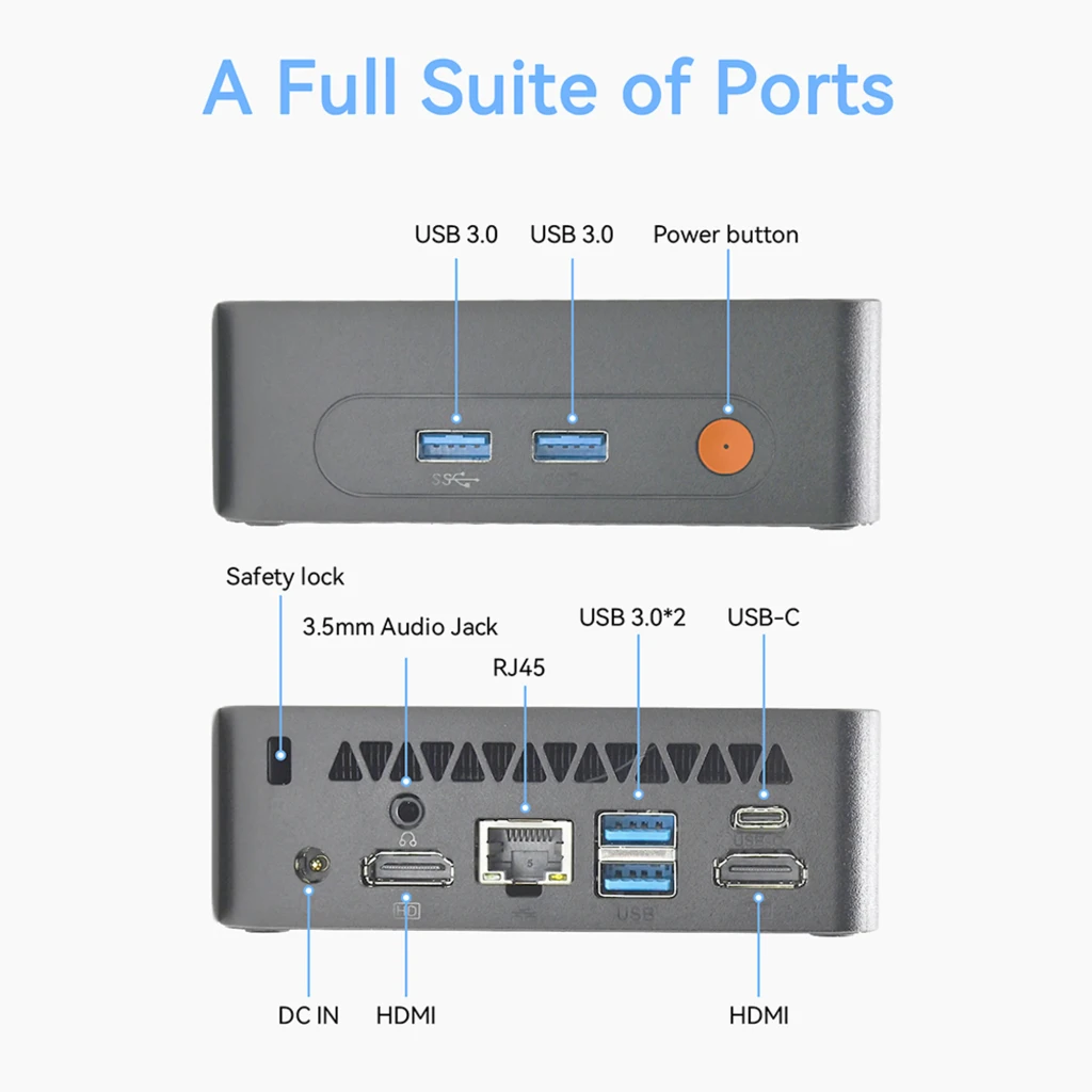 Mini PC MLLSE M3 Pro gris con frontal USB 3.0 doble y botón naranja; trasera con RJ45, USB 3.0, USB-C, HDMI dual, jack 3.5 mm, bloqueo y ventilación