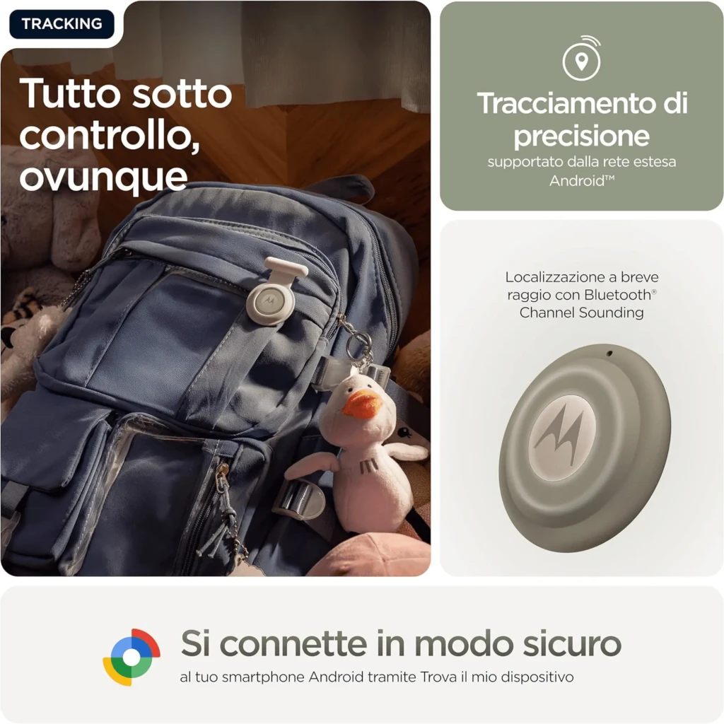 Motorola Moto Tag 2.0 PANTONE Laurel Oak, localizador compacto en verde oliva, diseño redondo con logotipo M, llavero integrado, Bluetooth y UWB