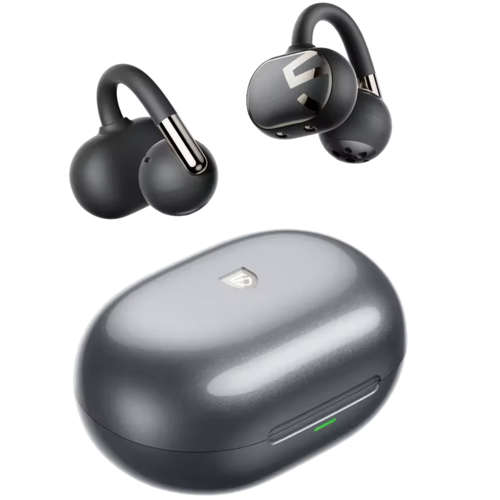 SoundPEATS Clip1 Auriculares Bluetooth Gris con estuche ovalado gris oscuro, luz LED frontal y earbuds curvos con detalles metálicos y logotipo plateado