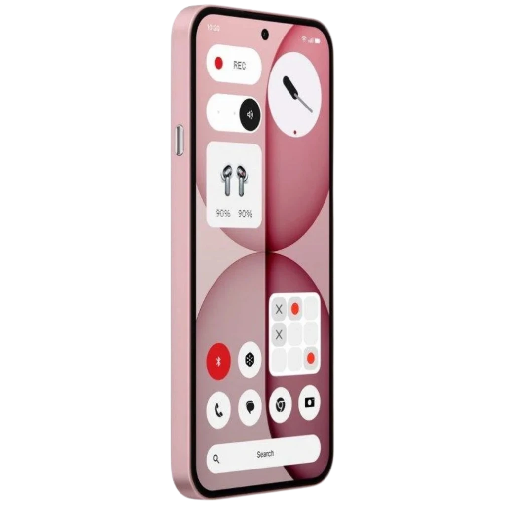 Nothing Phone 4a 5G rosa con pantalla AMOLED LTPS 6,78", biseles delgados, cámara frontal centrada y marco metálico; interfaz con widgets claros y