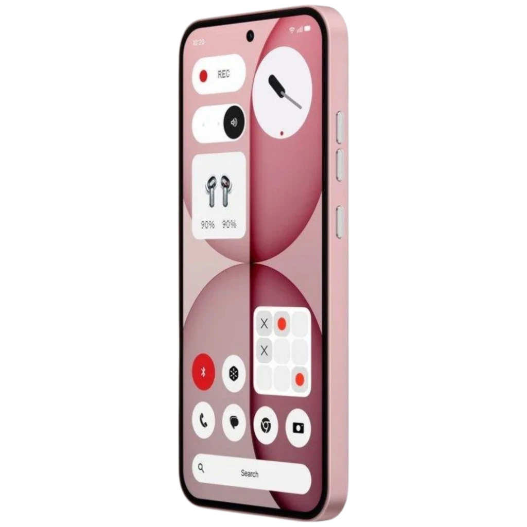 Nothing Phone 4a 5G rosa con pantalla AMOLED LTPS de 6,78 pulgadas, borde metálico y botones laterales; interfaz minimalista con widgets y cámara frontal