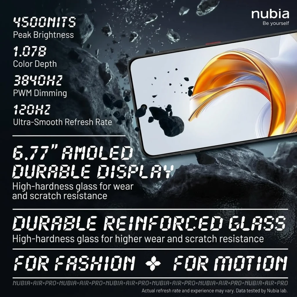 ZTE Nubia Air Pro 5G negro con pantalla AMOLED 6,78 pulgadas 144 Hz, brillo 4500 nits, 10,7B colores y vidrio reforzado resistente a rayones y desgaste