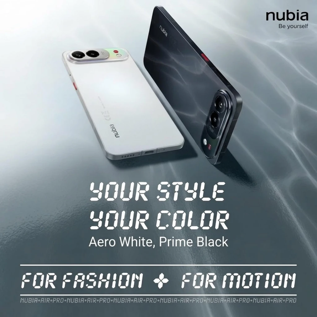 ZTE Nubia Air Pro 5G negro con cámara dual trasera en módulo ovalado, pantalla AMOLED 6,78 pulg 144 Hz, diseño delgado y bordes curvos en acabado Prime Black