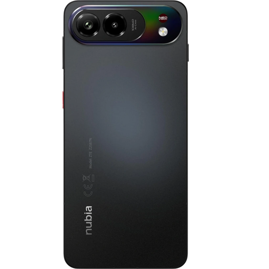 ZTE Nubia Air Pro 5G negro con trasera mate, módulo de cámara dual grande con flash y detalle rojo en el botón lateral; diseño delgado y moderno