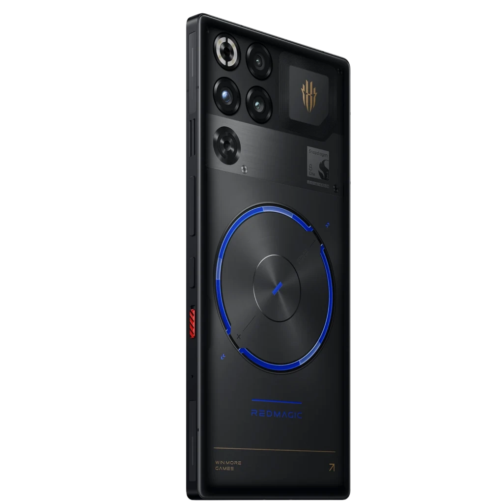 Smartphone Nubia RedMagic 11S Pro 5G color Nightfreeze con tapa trasera negra, detalles azules LED, módulos de cámara múltiples y ventilación lateral roja