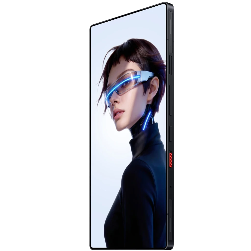 Smartphone Nubia RedMagic 11S Pro 5G con pantalla casi sin bordes, marcos negros delgados y detalle lateral rojo; imagen futurista en pantalla brillante