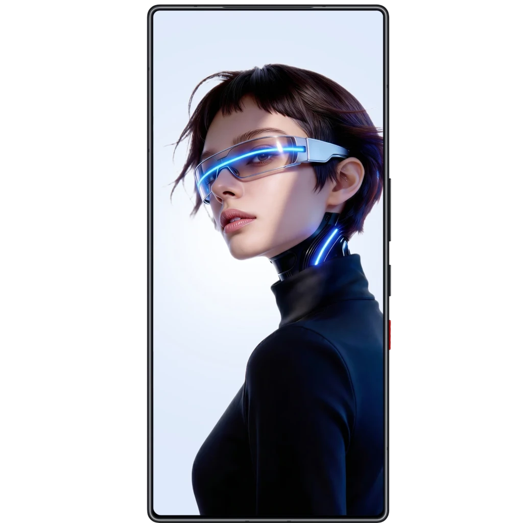 Pantalla del Nubia RedMagic 11S Pro 5G mostrando retrato futurista con mujer de gafas LED azules y fondo claro en panel casi sin bordes, bordes negros del