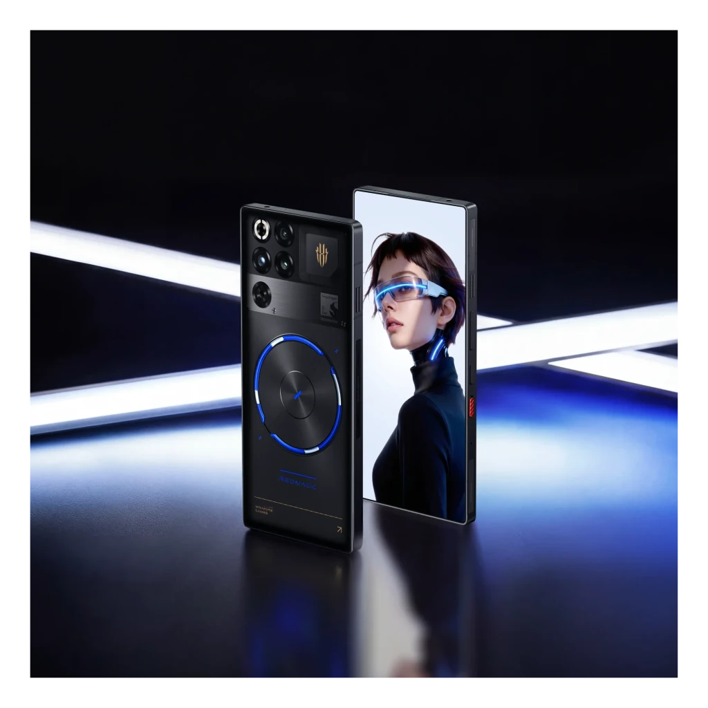 Smartphone gaming Nubia RedMagic 11S Pro 5G Nightfreeze con luces azules, módulo de triple cámara trasera grande y pantalla sin biseles mostrando retrato