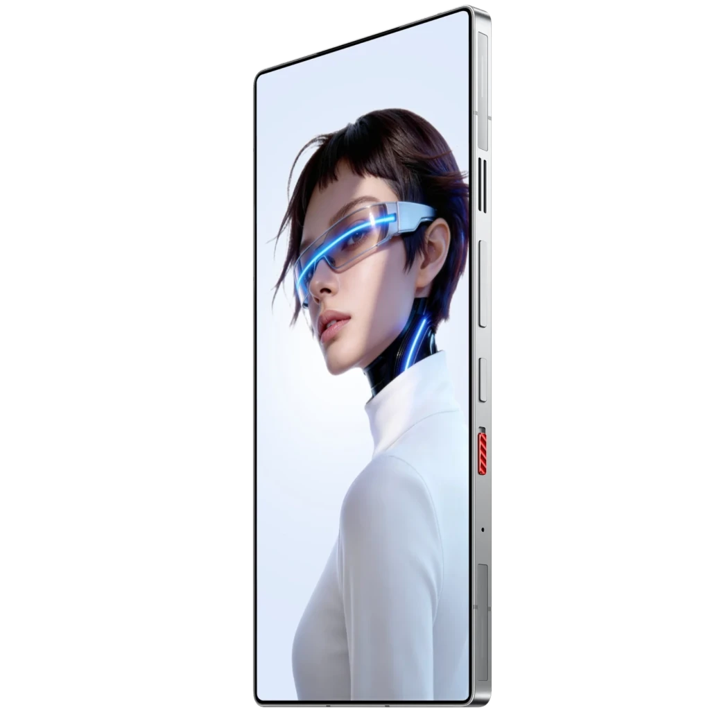 Nubia RedMagic 11S Pro 5G 512 GB Subzero 12 GB 144 Hz con marco plateado, botones laterales y pantalla casi sin bordes mostrando arte futurista