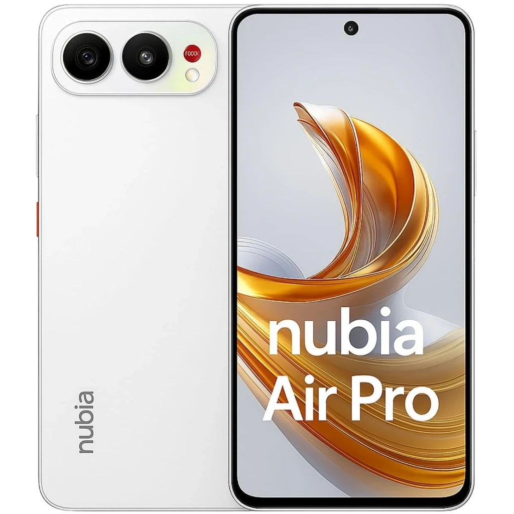 ZTE Nubia Air Pro 5G blanco con doble cámara trasera y módulo circular, pantalla frontal con orificio central, acabado mate elegante y bordes delgados