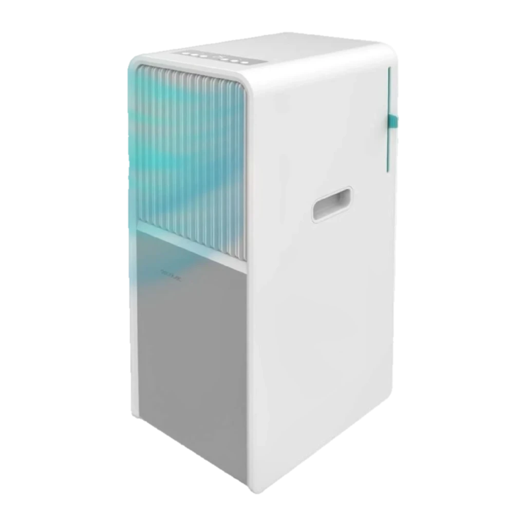 Cecotec ForceClima 9150 Style, climatiseur mobile blanc épuré avec grilles frontales bleu clair, panneau supérieur tactile et poignées latérales, compact