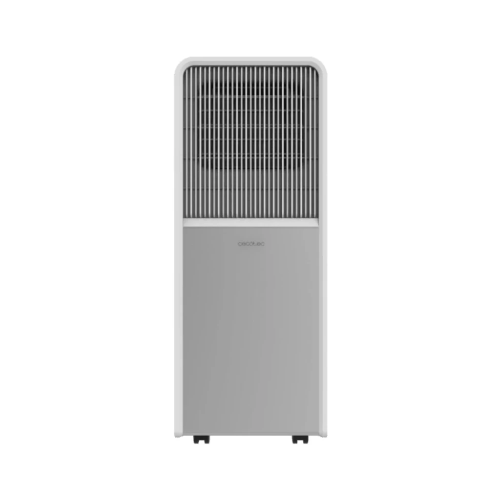 Cecotec ForceClima 9150 Style, climatiseur mobile blanc et gris, façade épurée à grille verticale, format rectangulaire sur roulettes, adapté pièces 25