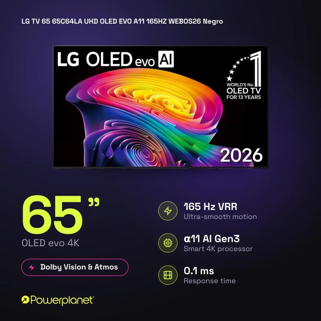 LG 65C64LA Smart TV OLED Evo 65" 4K con biseles finos, panel ultradelgado, colores vibrantes y negros profundos; 165 Hz, α11 AI Gen3, Dolby Vision y Atmos