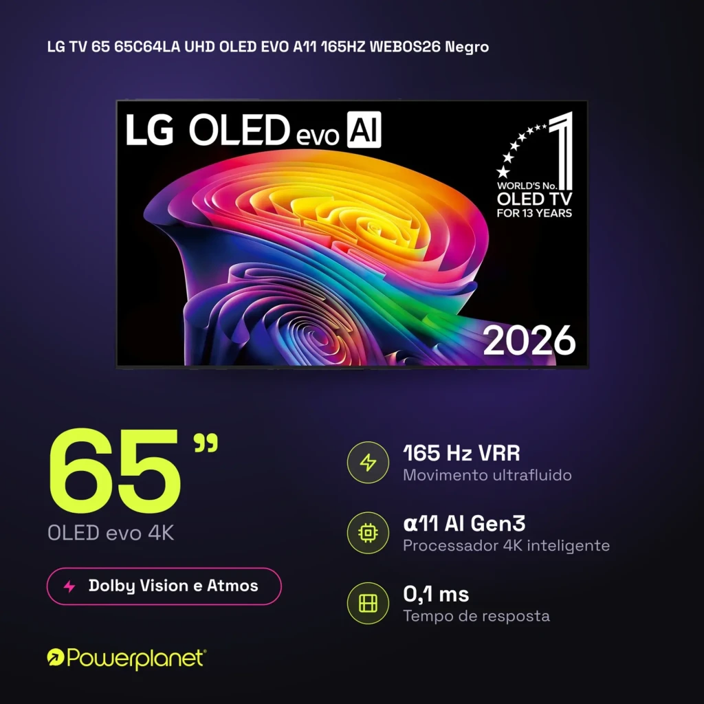 LG 65C64LA Smart TV OLED Evo 65 pulgadas 4K con panel ultrafino, biseles mínimos, colores vibrantes, Dolby Vision y sonido Dolby Atmos