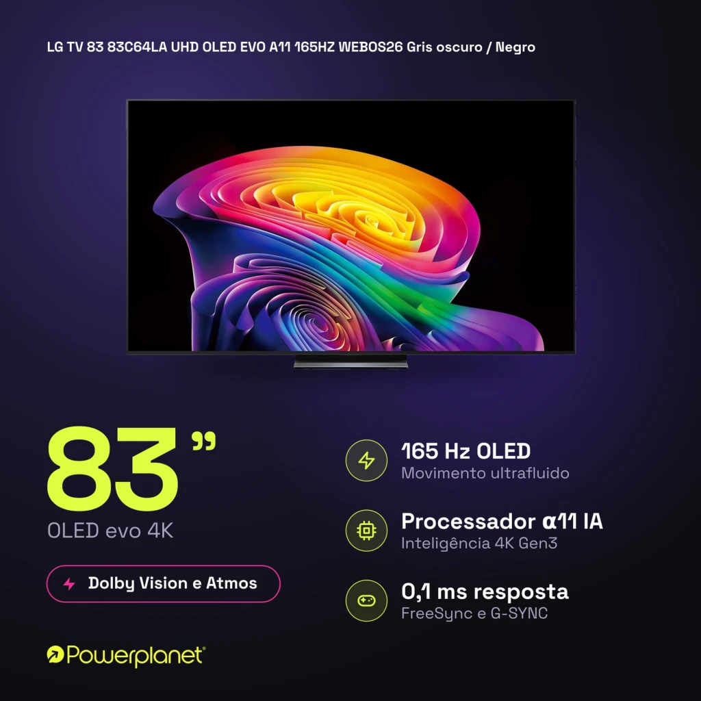 LG 83C64LA Smart TV OLED Evo 83 pulgadas 4K con panel ultrafino, biseles mínimos, colores vibrantes, 165 Hz, α11 AI Gen3, Dolby Vision y Atmos