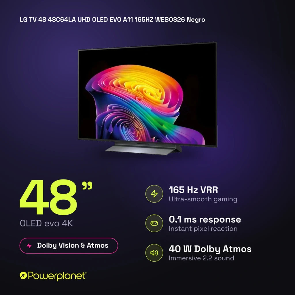 LG 48C64LA Smart TV OLED Evo 48" 4K con pantalla sin bordes, negros profundos, colores vivos, peana central metálica y bisel fino ideal para gaming y cine
