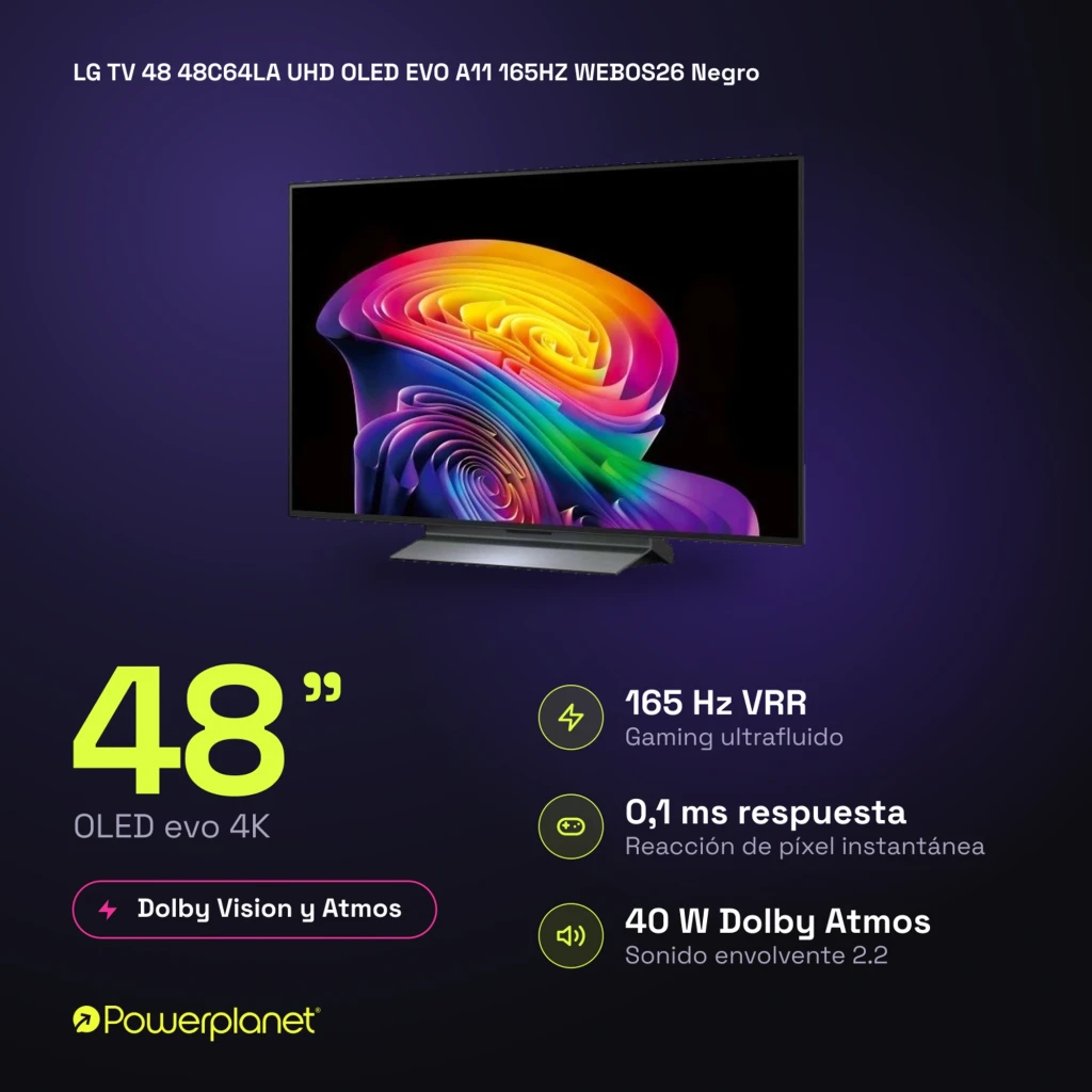 LG 48C64LA Smart TV OLED Evo 48" 4K α11 AI Gen3 con panel OLED evo, biseles finos, peana central metálica y pantalla mostrando colores vibrantes y negros