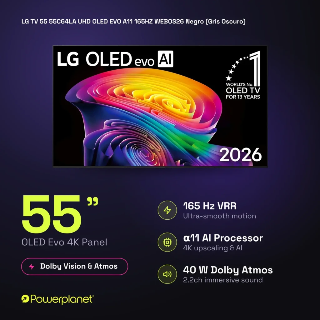 LG 55C64LA Smart TV OLED Evo 55 4K con panel ultradelgado, biseles finos, VRR 165 Hz, procesador α11 Gen 3 AI y sonido Dolby Vision & Atmos