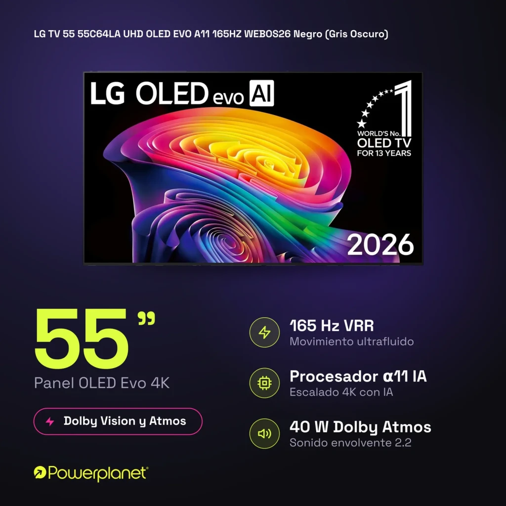 LG 55C64LA Smart TV OLED Evo 55" 4K con panel OLED evo AI, 165 Hz VRR, Dolby Vision y Atmos, procesador α11 IA y webOS26, bisel delgado elegante