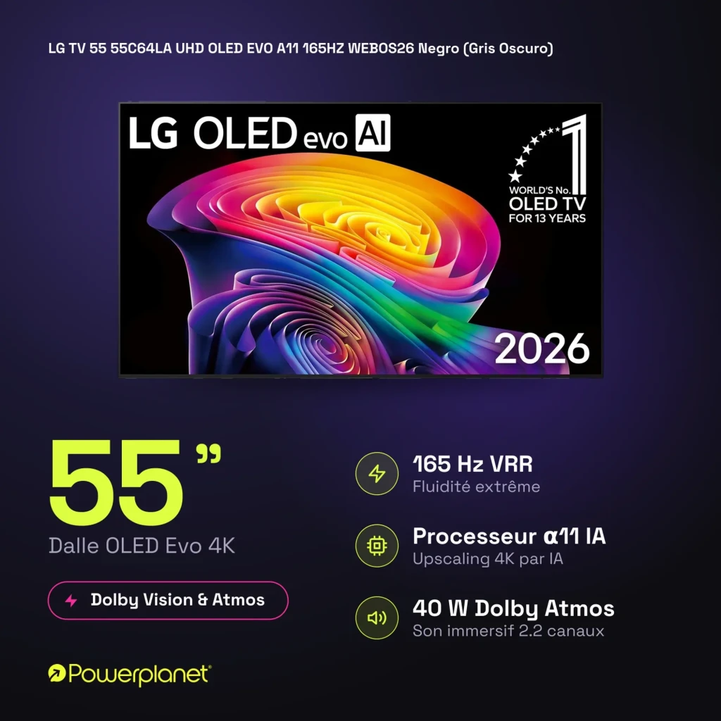 LG 55C64LA Smart TV OLED Evo 55 4K con panel delgado, biseles mínimos y pantalla vibrante; destaca 165 Hz VRR, Dolby Vision/Atmos y procesador α11 IA