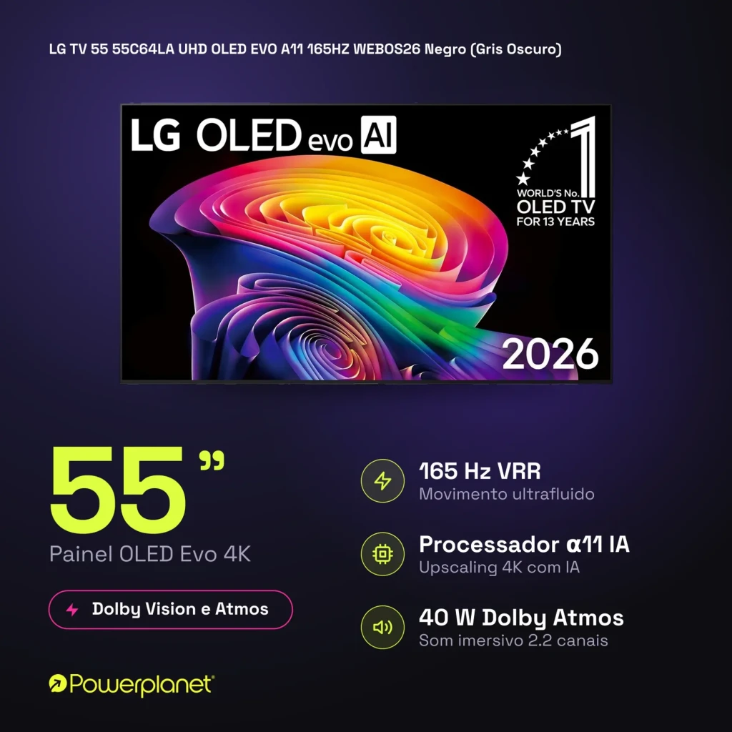 LG 55C64LA Smart TV OLED Evo 55 4K con biseles finos, panel brillante y contraste profundo; destaca logo OLED evo AI 2026 y certificaciones Dolby Vision Atmos