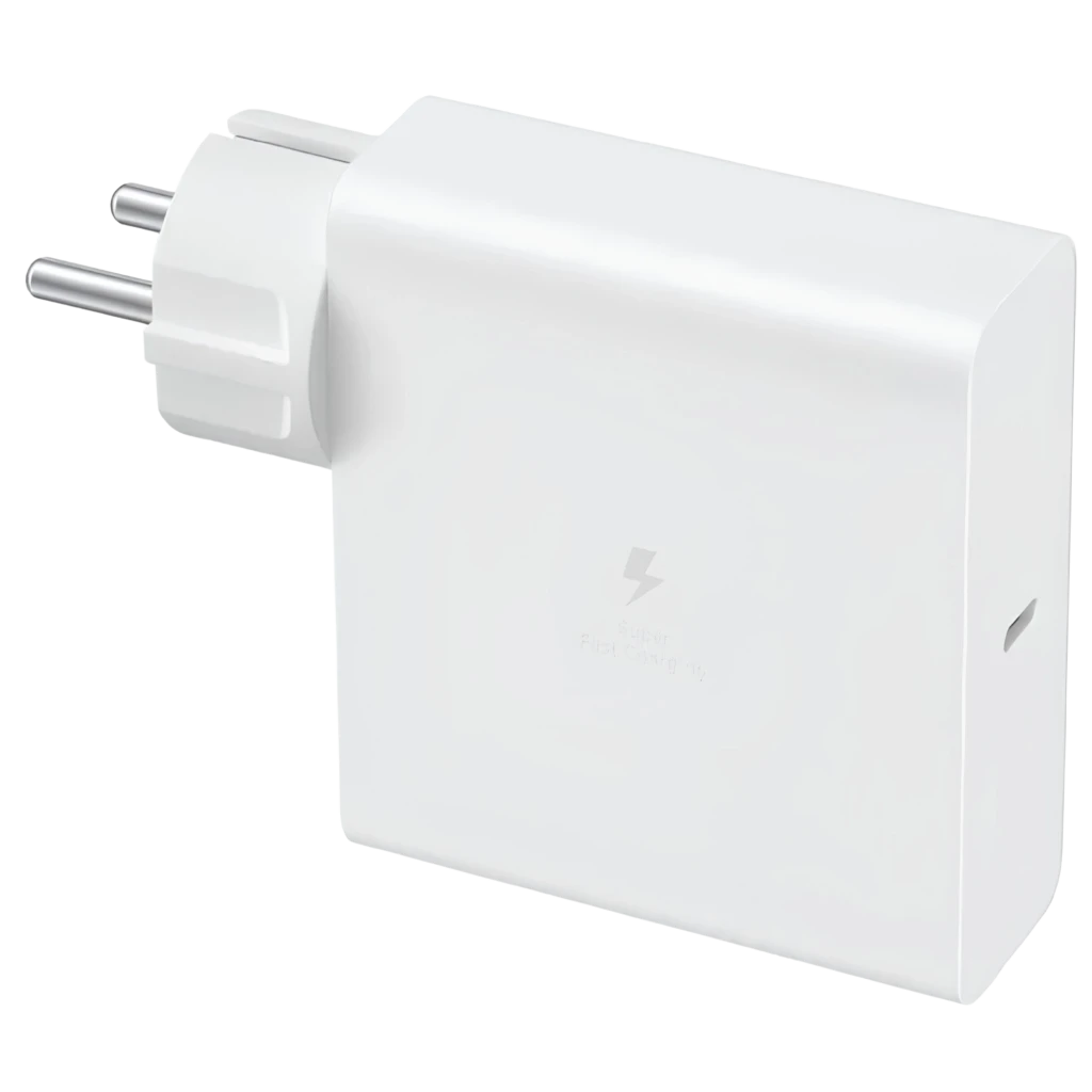Cargador Samsung EP-TB410 USB-C 140W blanco, diseño compacto con enchufe europeo y acabado mate, icono Super Fast Charging 2.0 visible en el cuerpo