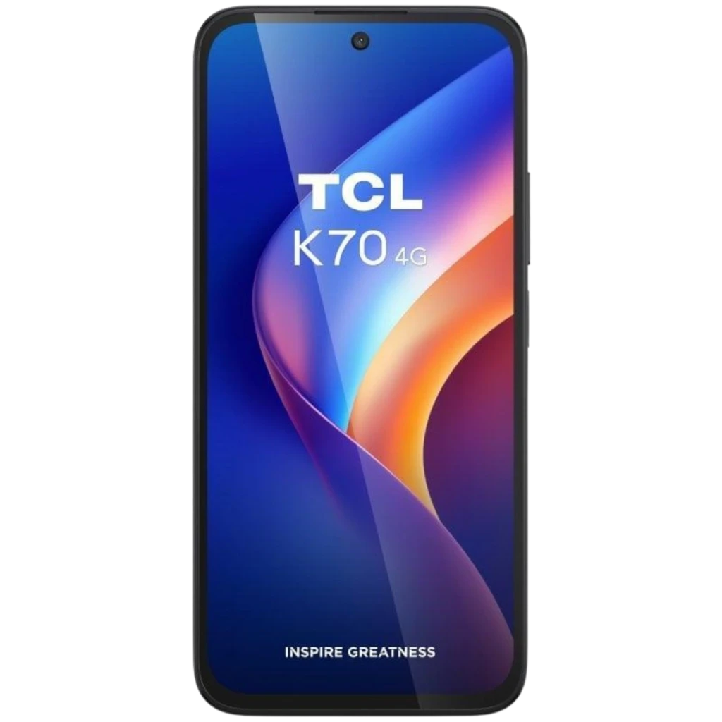 Smartphone TCL K70 4G azul con pantalla casi sin bordes, cámara frontal en orificio centrado y biseles negros; texto Inspire Greatness en la parte inferior