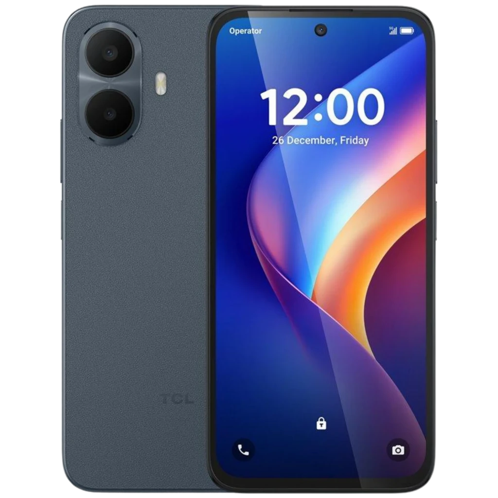 TCL K70 4G azul con pantalla 120 Hz, panel perforado centrado, doble cámara trasera grande con flash, bordes curvos y acabado texturizado elegante